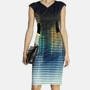 Karen Millen Navy and Gold Striped Midi Dress